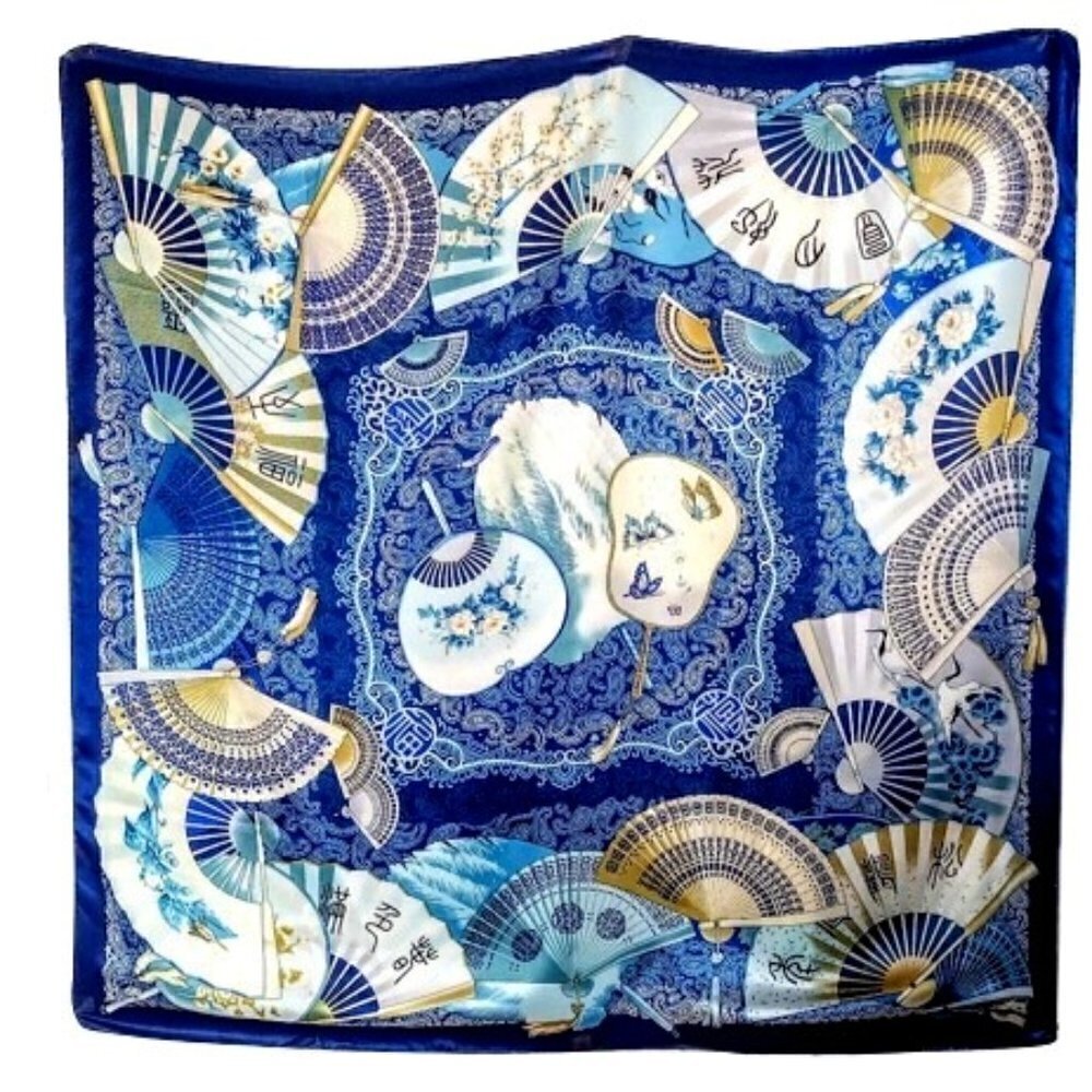 Sheng Ran Blue Asian Butterfly Fan Motif Square Silk Scarf Wrap